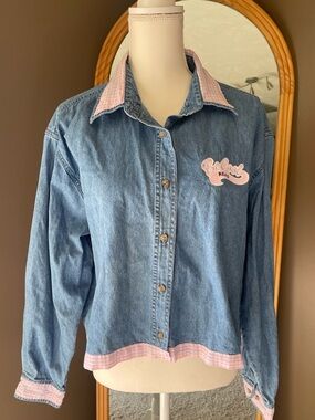 Snoopy Peanuts Channel Mark Denim Button-Up Jacket with Pink Gingham Trim